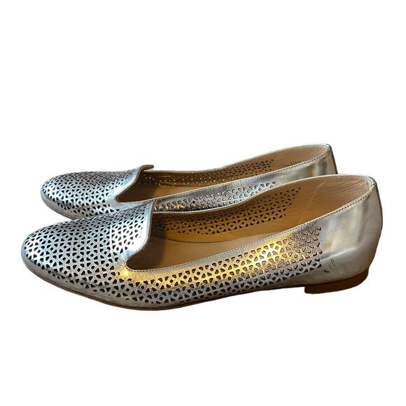 J Crew 9.5 Silver Metallic Lasercut Italian LEATHER Ballet Flats Slip On Loafers - Picture 8 of 10